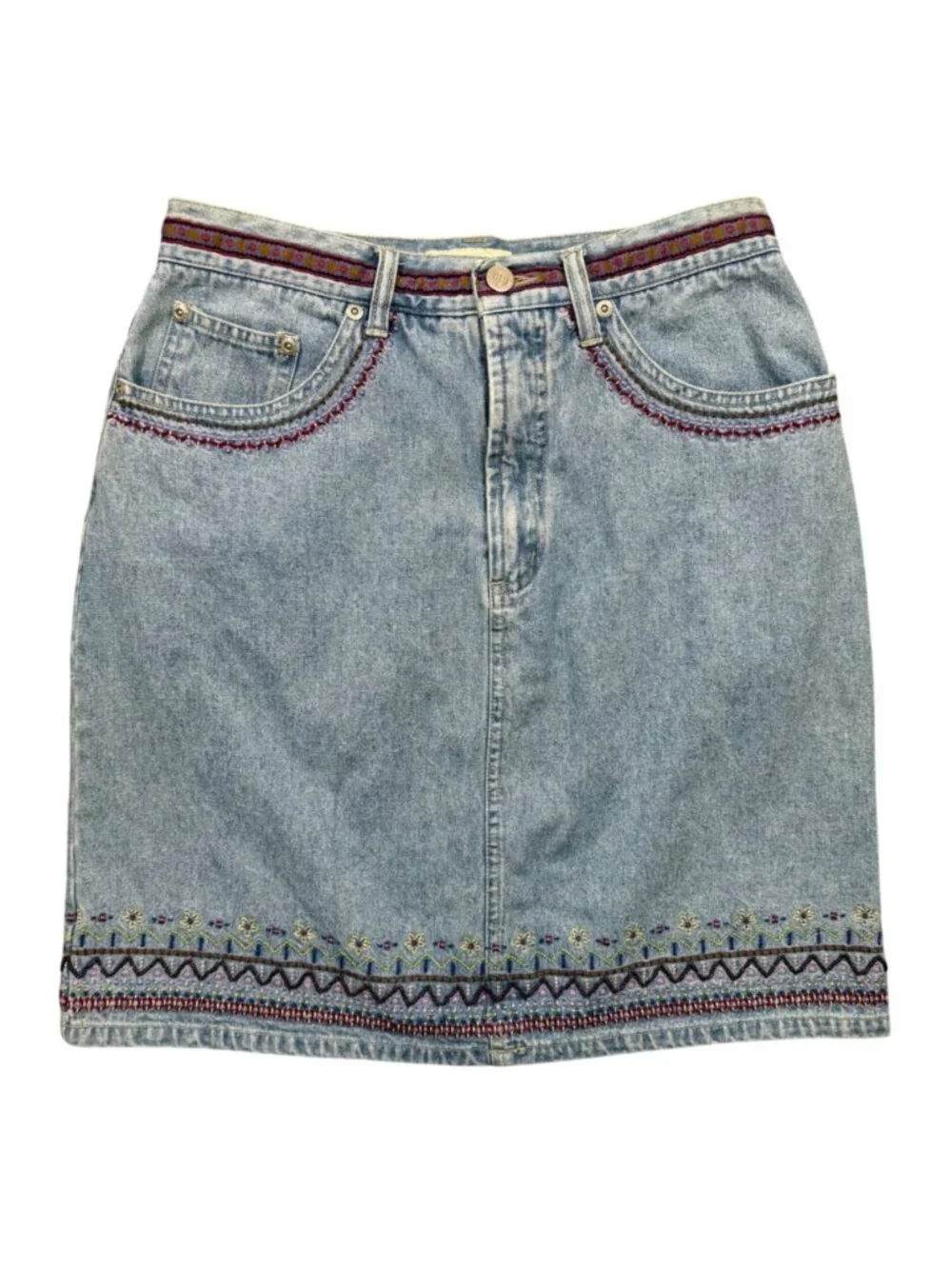 VTG Y2K 90s‎ Embroidered Beaded Denim Mini Skirt Western Boho Festival Size 6
